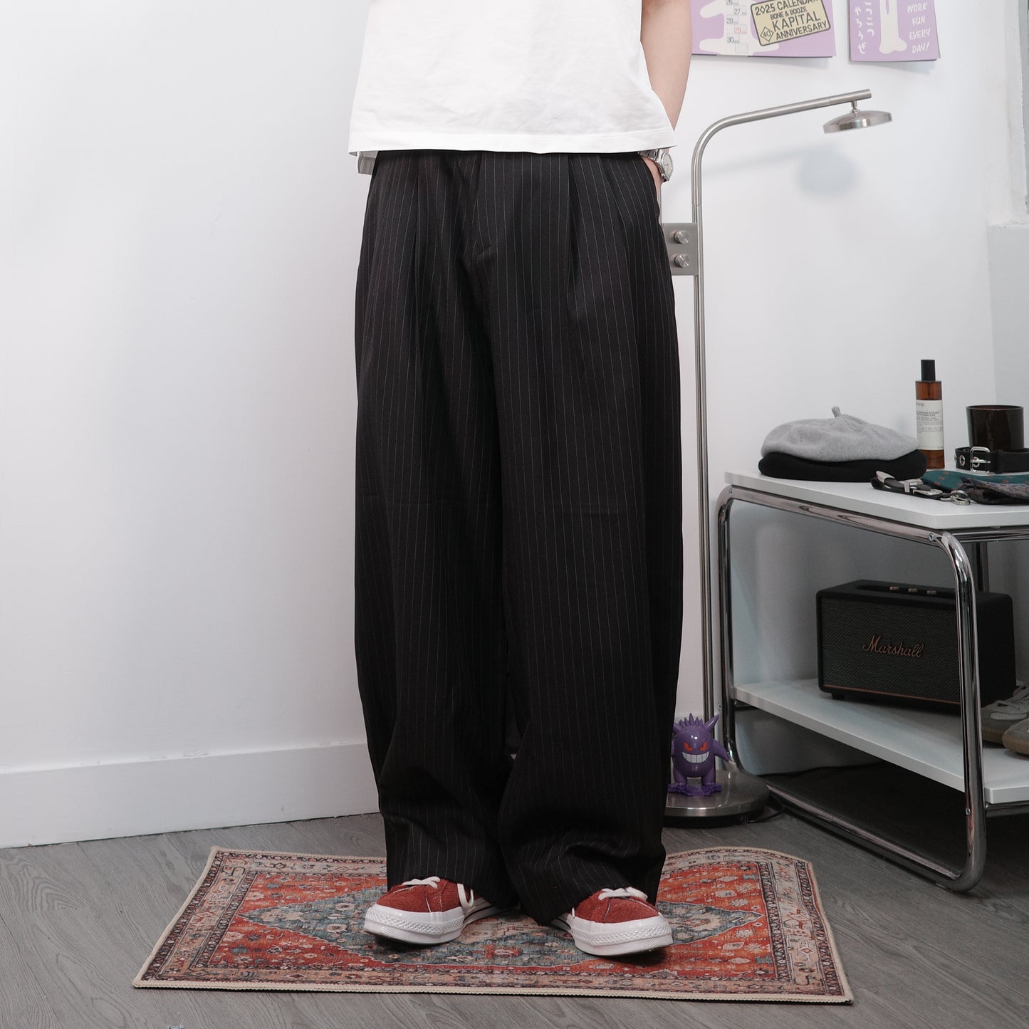 Pleated Stripe Baggy Trousers