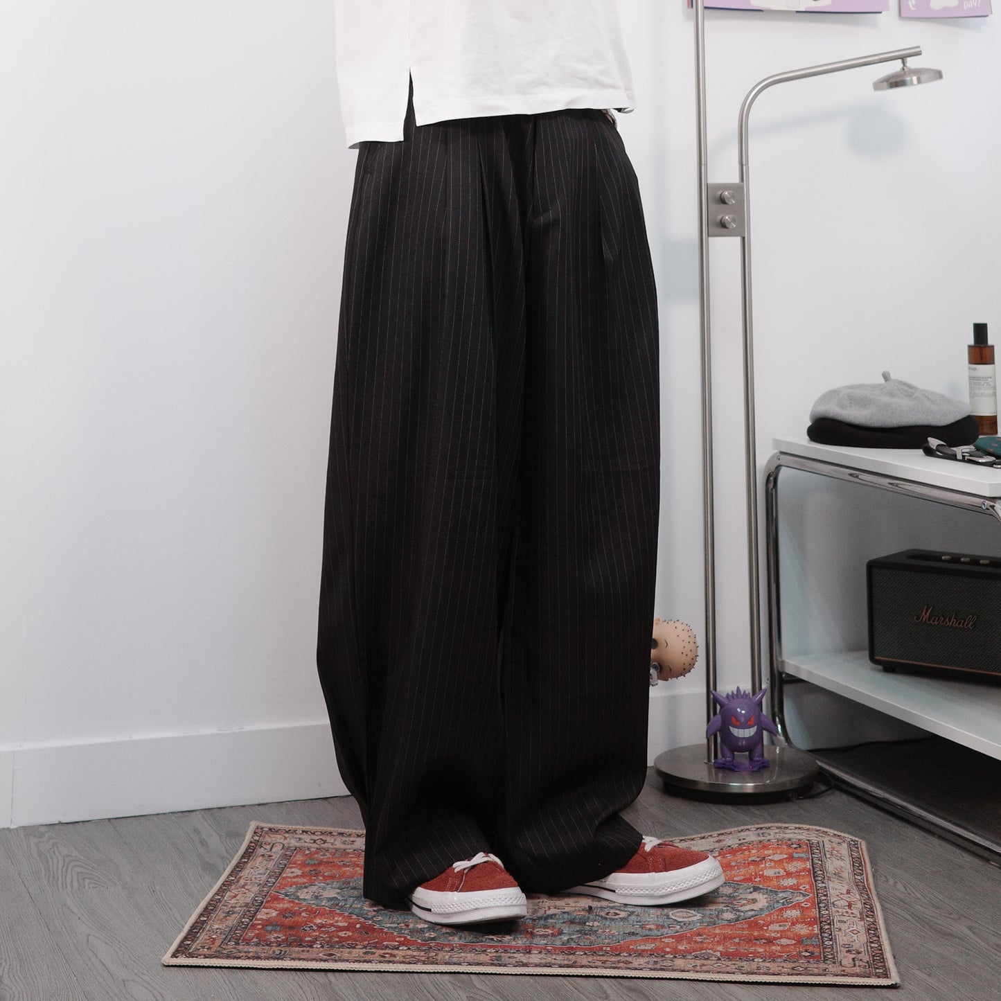 Pleated Stripe Baggy Trousers